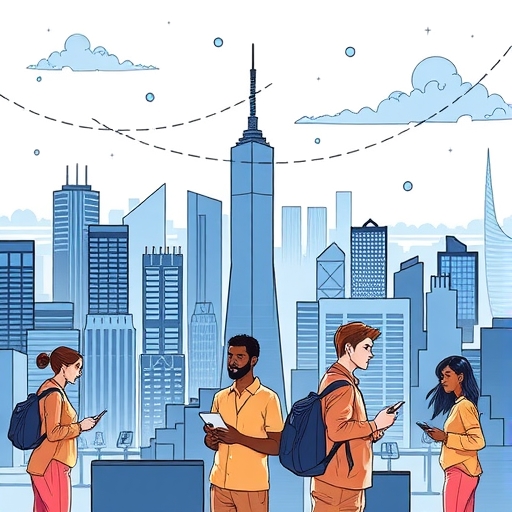 ภาพแสดงเส้นขอบฟ้าของเมืองอนาคตที่มีการบูรณาการเทคโนโลยี AI