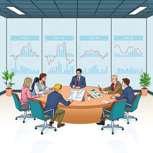 นักลงทุนวิเคราะห์ข้อมูลเศรษฐกิจในสำนักงานทันสมัย