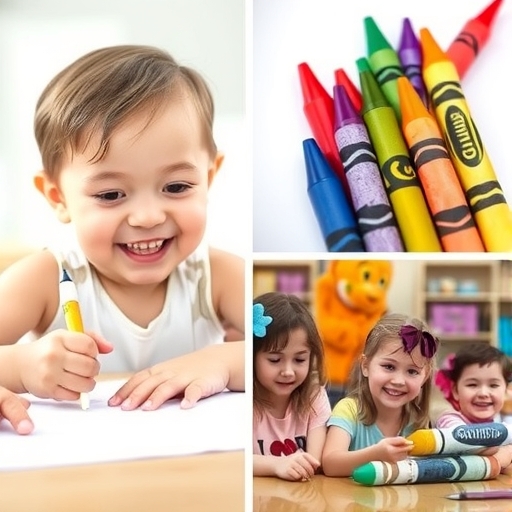 เด็กๆ กำลังใช้สีเทียนอย่างสร้างสรรค์ในชั้นเรียนศิลปะ