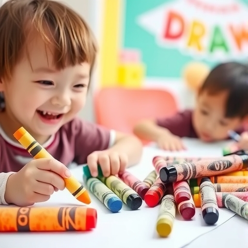 เด็กกำลังวาดด้วยสีเทียนขนาดใหญ่