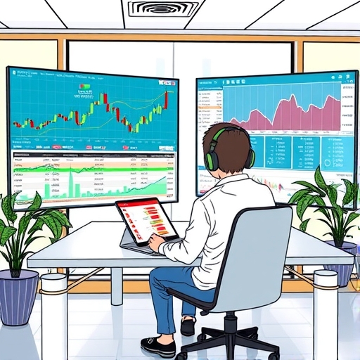 ชายคนหนึ่งกำลังวิเคราะห์กราฟและสเปรดในสำนักงานที่สว่างสดใส