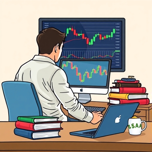 นักเทรดใหม่เรียนรู้เกี่ยวกับ Forex หน้าคอมพิวเตอร์ที่มีกราฟ