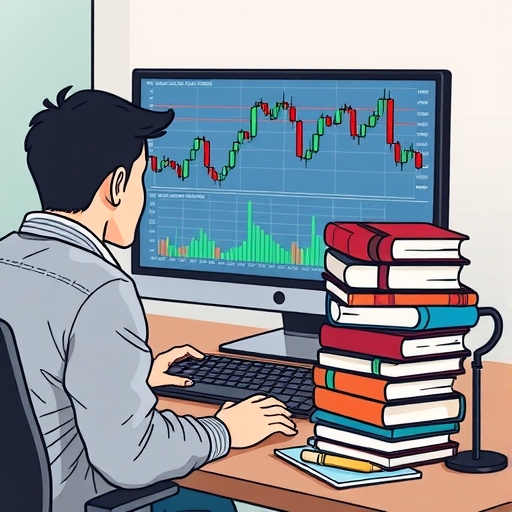 กองหนังสือ Forex และเครื่องมือการซื้อขายบนโต๊ะทำงานพร้อมกับแล็ปท็อป