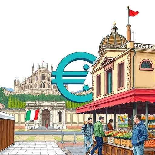 ภาพศิลปะที่แสดงสัญลักษณ์ยูโรเคียงคู่กับแลนด์มาร์คที่มีชื่อเสียงของอิตาลี