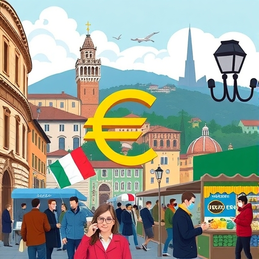 ภาพแสดงฉากที่มีชีวิตชีวาของชาวอิตาลีกำลังใช้ยูโรในตลาดที่พลุกพล่าน