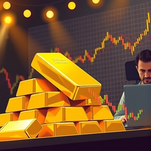 แท่งทองคำสีทองส่องประกายใต้แสงตลาด