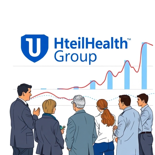 โลโก้ของ UnitedHealth Group บนธีมการดูแลสุขภาพ
