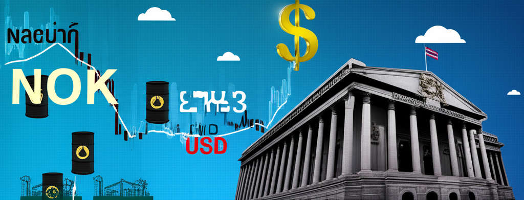 ภาพประกอบกราฟผันผวนของสกุลเงิน NOK THB USD พร้อมถังน้ำมันและอาคารธนาคารกลาง