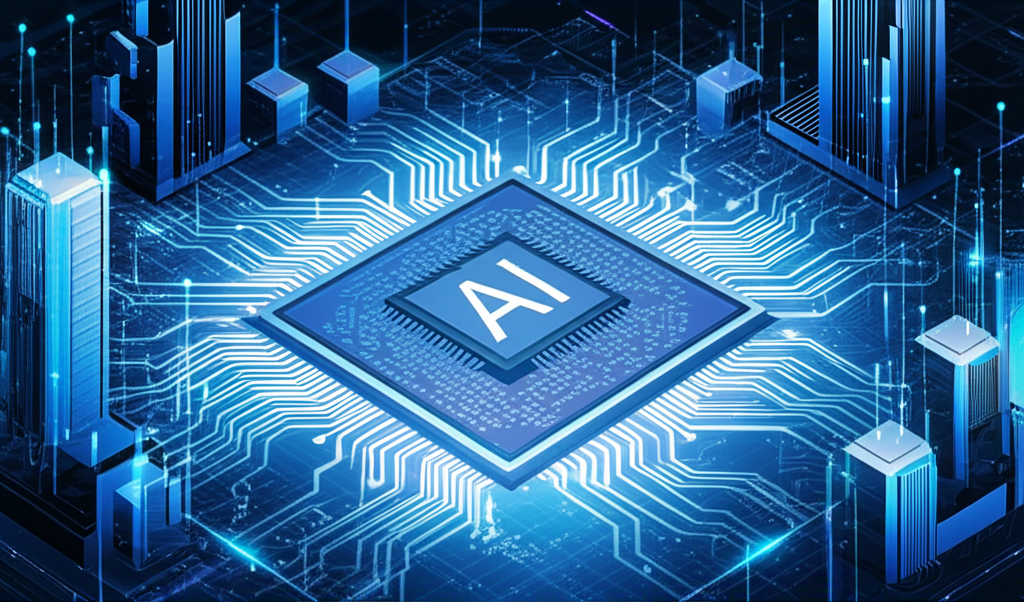 ภาพประกอบชิป GPU ทรงพลังเป็นหัวใจกลางเมืองแห่งอนาคตที่สื่อถึงนวัตกรรม AI และการเป็นผู้นำเทคโนโลยีระดับโลก