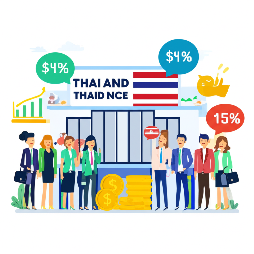 SME ไทยที่ประสบความสำเร็จล้อมรอบด้วยนักลงทุนยิ้มแย้มและสัญลักษณ์การเติบโต