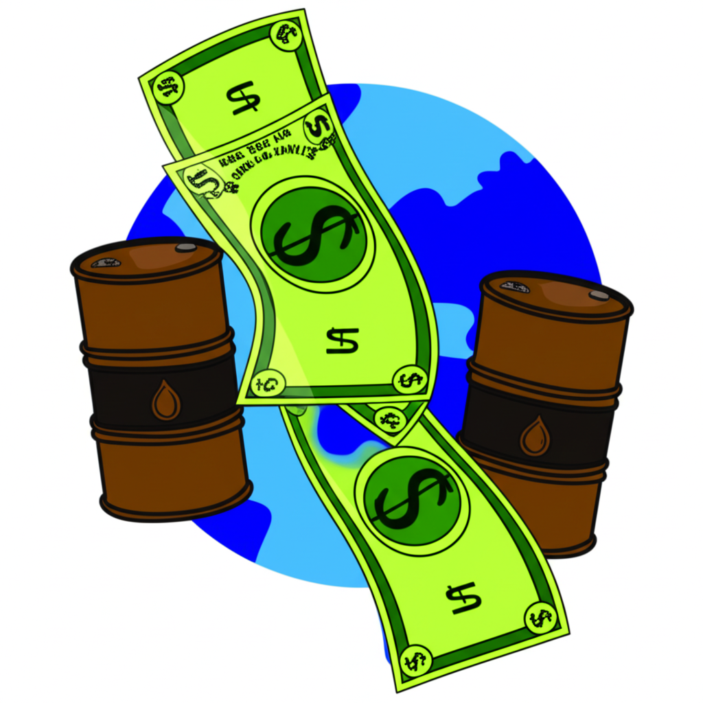 Illustration of a global economy with oil barrels and flowing money representing investment opportunities