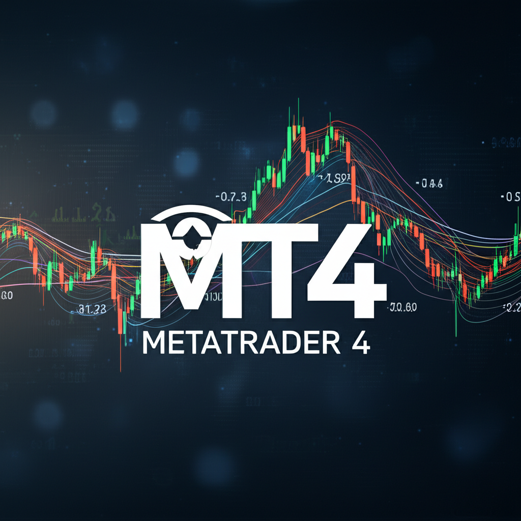 ภาพประกอบโลโก้แพลตฟอร์มการเทรดดิจิทัล MetaTrader 4 MT4 พร้อมข้อมูลตลาดโลกไหลเวียนในพื้นหลัง