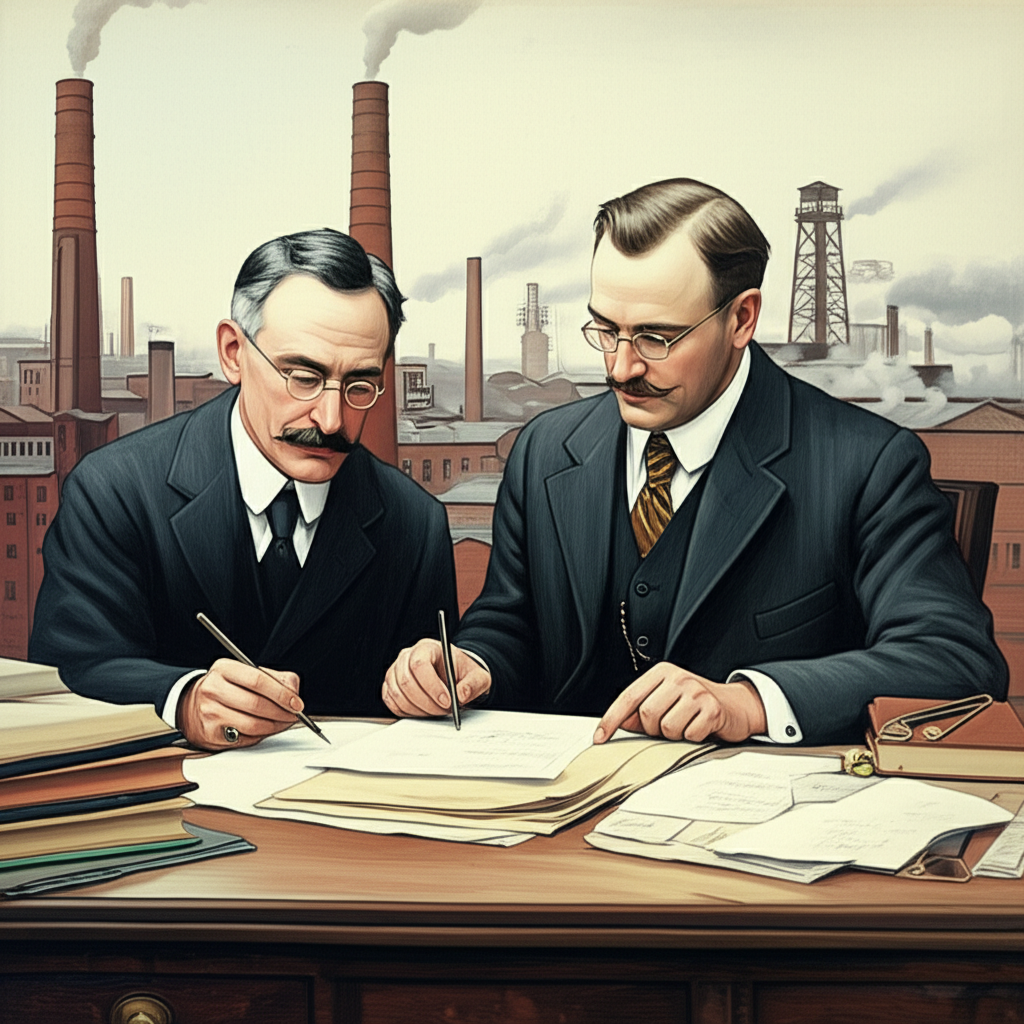 Historical scene of Charles Dow and Edward Jones founding Dow Jones with factories