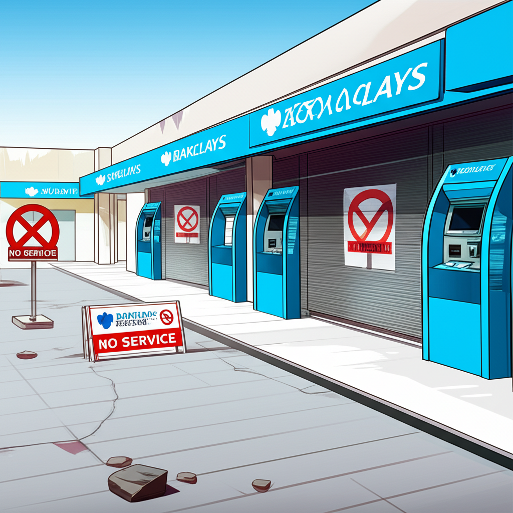 ภาพประกอบของสาขาธนาคาร Barclays และตู้ ATM ที่ว่างเปล่าในประเทศไทยพร้อมป้ายไม่ให้บริการ