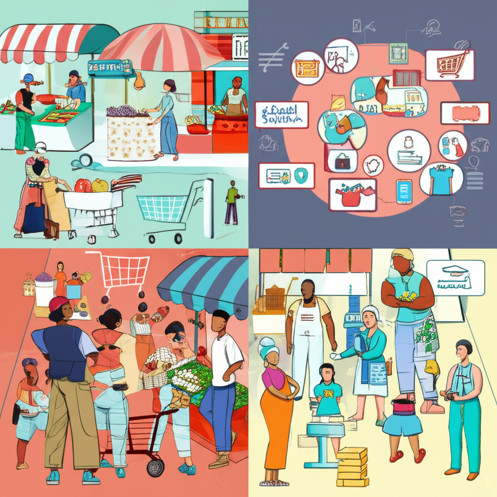Illustration of diverse people engaging in buying and selling transactions in a marketplace both traditional and digital
