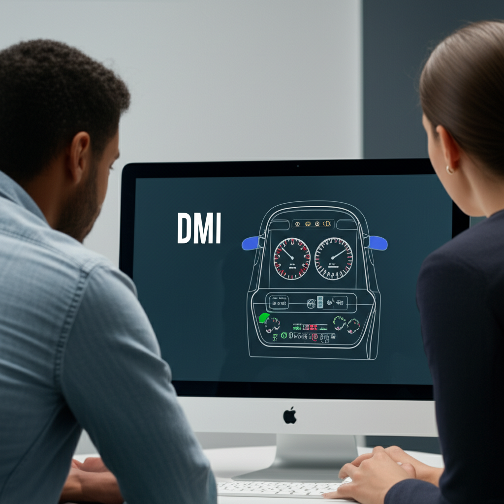 ภาพคนสองคนสับสนมองหน้าจอ DMI และแผงหน้าปัดรถยนต์
