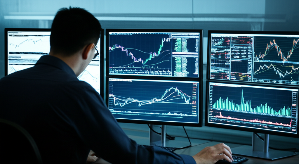 Trader analyzing price volume graphs institutional actions volatile crypto and thai stock markets illustration