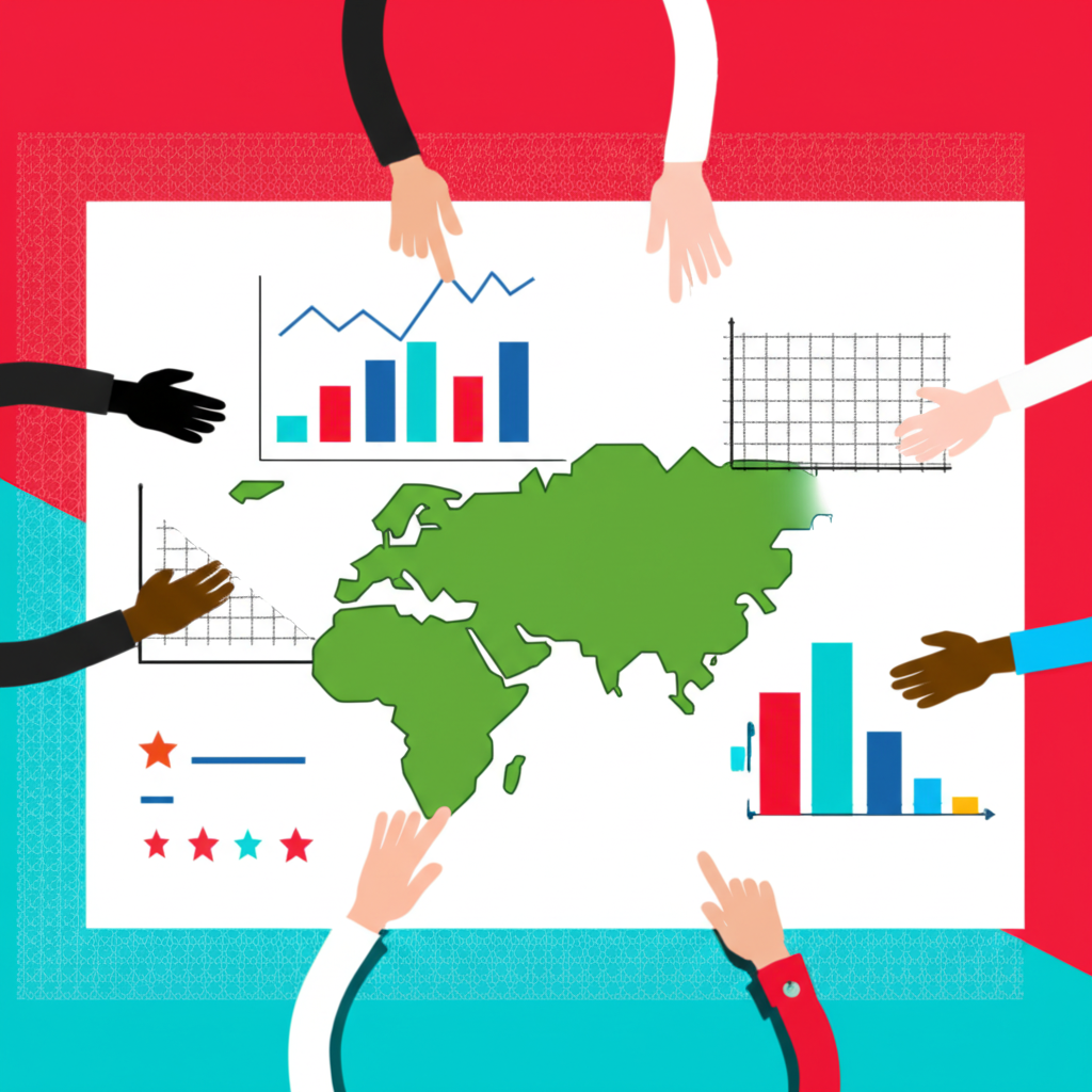 Illustration of people, businesses, and a country planning future with economic data analysis
