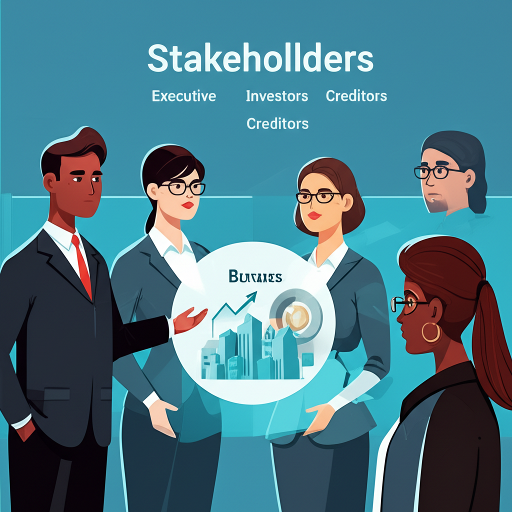 illustration of diverse stakeholders executives investors creditors understanding business status from different views