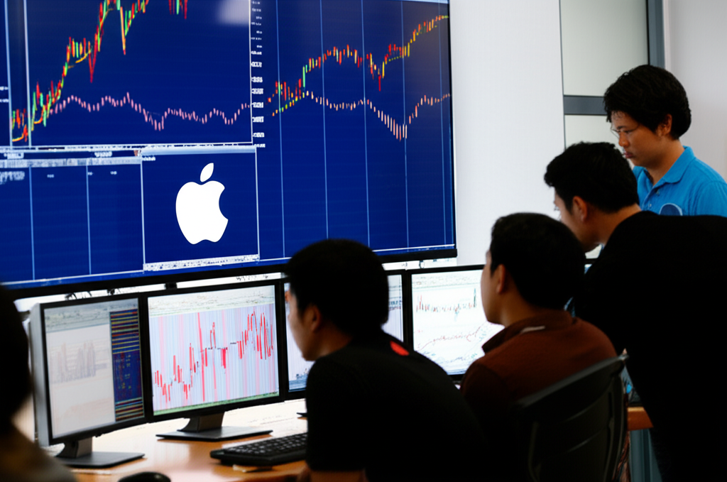 Thai investors studying global stock market charts with Apple stock for investment opportunities illustration