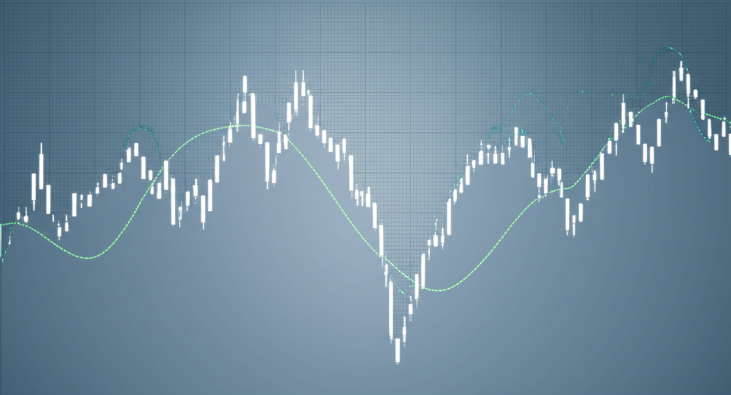 illustration of a stock chart with a smooth moving average line showing a clear trend with scattered noisy price data