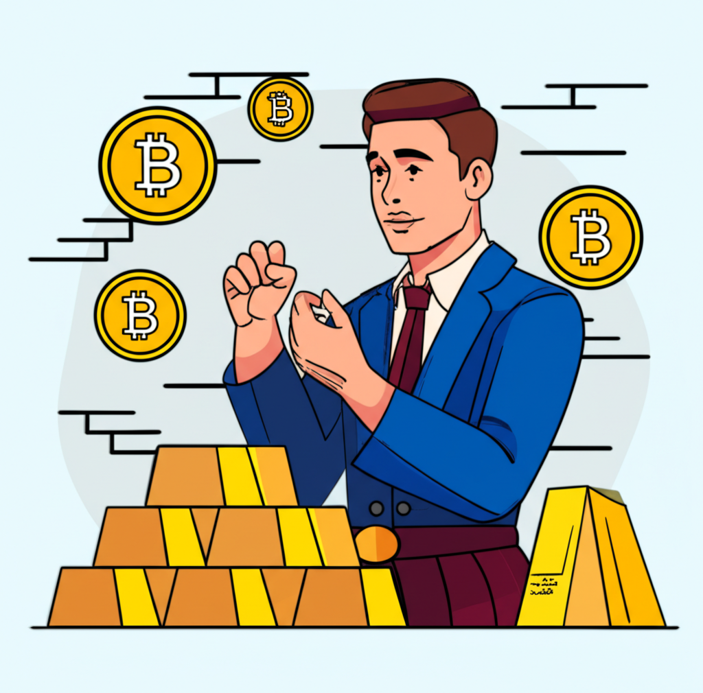 A Thai trader confidently manages a diverse portfolio with gold and bitcoin illustration style
