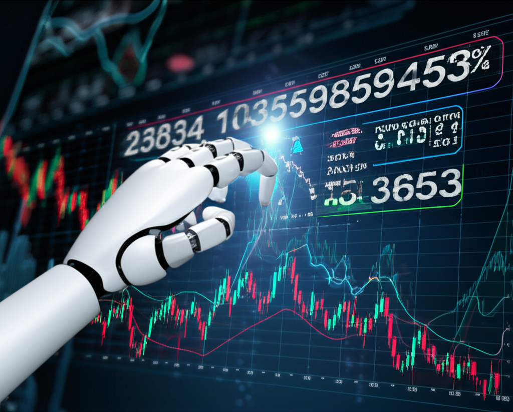 A robot hand executing trades on a digital stock market screen with real time data analysis illustration