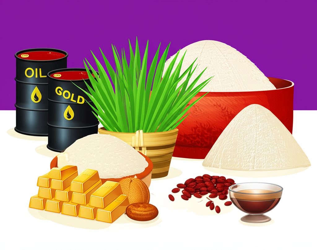 illustration of various commodities like oil food and gold impacting global economy and daily life in thailand