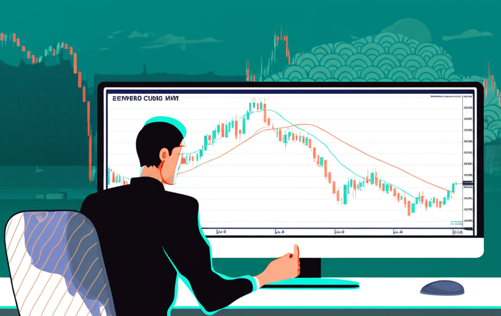 ภาพประกอบกราฟ Ichimoku Cloud บนชาร์ตหุ้นพร้อมองค์ประกอบญี่ปุ่นและโต๊ะเทรดเดอร์ที่กำลังดูหน้าจอ