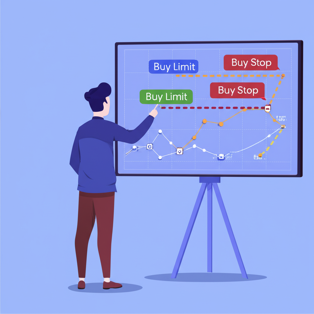 นักเทรดกำลังวิเคราะห์กราฟการเงินโดยใช้คำสั่ง Buy Limit และ Buy Stop เพื่อกลยุทธ์การเทรดที่ชาญฉลาด