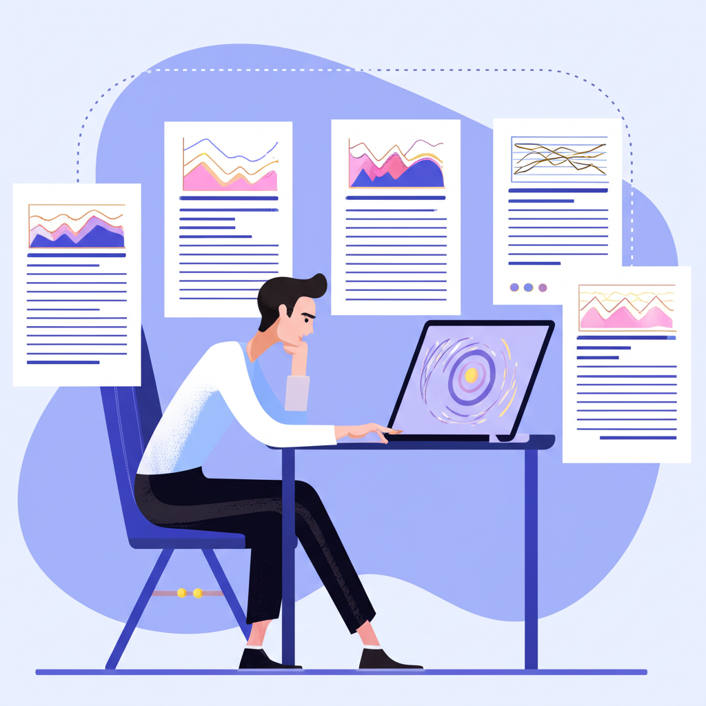 Financial analyst creating financial models on laptop with graphs, charts, and reports