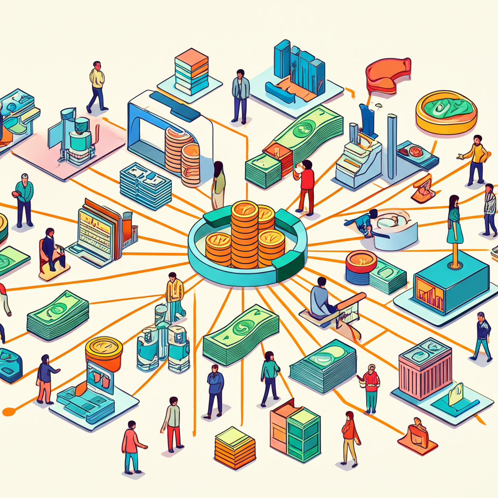 Illustration of a vibrant financial market with money flowing between people and businesses economic growth