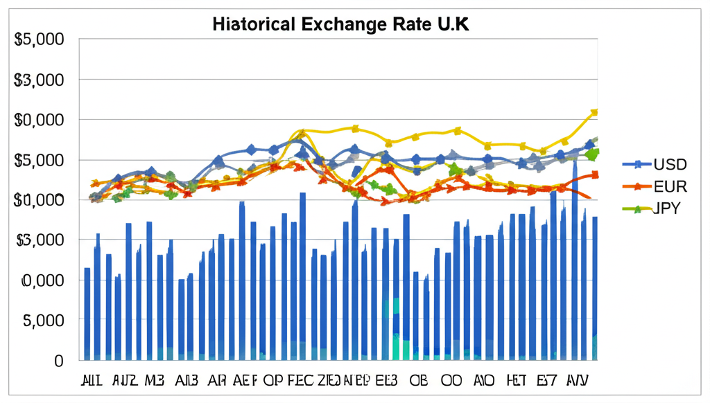 กราฟแสดงแนวโน้มอัตราแลกเปลี่ยนย้อนหลังสำหรับสกุลเงินยอดนิยมอย่าง USD EUR JPY ในสไตล์ภาพประกอบ