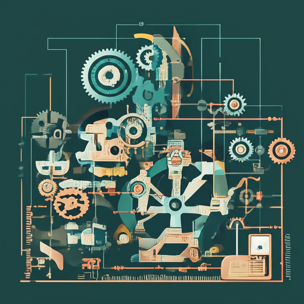 Illustration of a complex financial ecosystem with hidden gears and levers representing various revenue streams of a no-fee broker