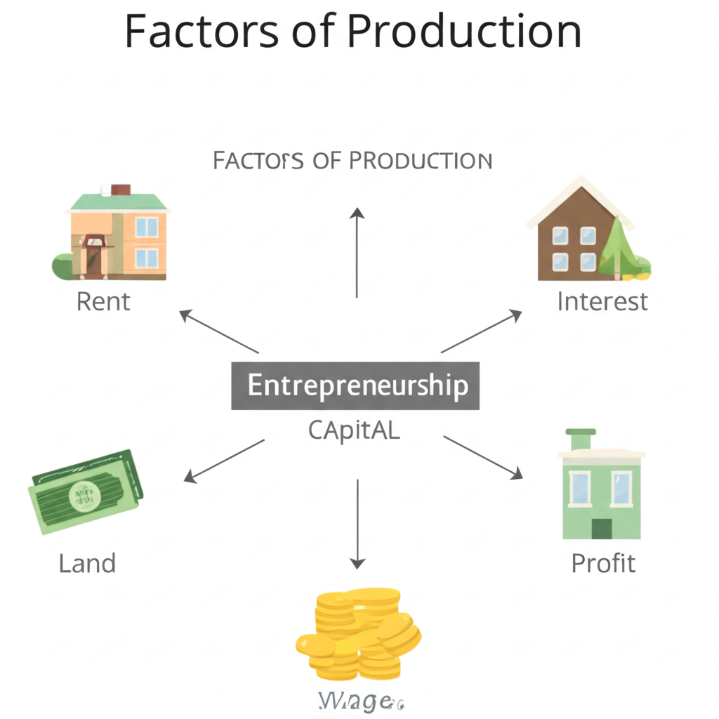 An illustration of land labor capital and entrepreneurship as factors of production showing rent wages interest profit
