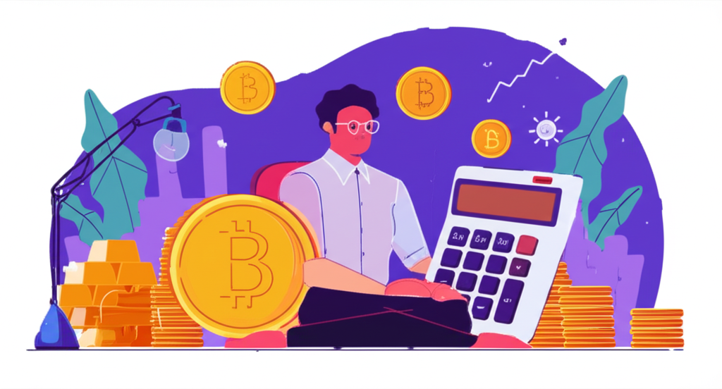 A trader uses a calculator to manage risk for forex gold and bitcoin trading illustration style