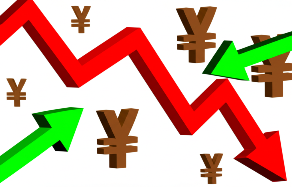 ภาพประกอบสัญลักษณ์เงินเยนที่ผันผวนพร้อมลูกศรแสดงความท้าทายและโอกาสทางเศรษฐกิจ