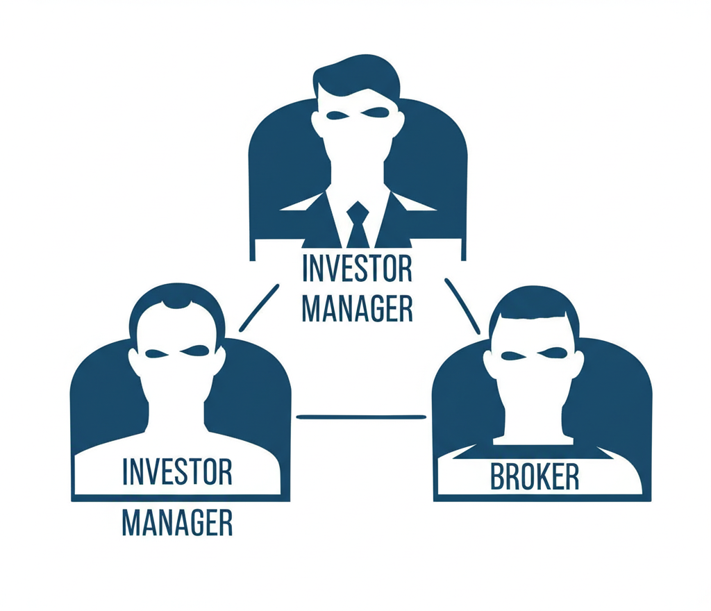 An illustration showing three interconnected roles investor manager and broker in a pamm system