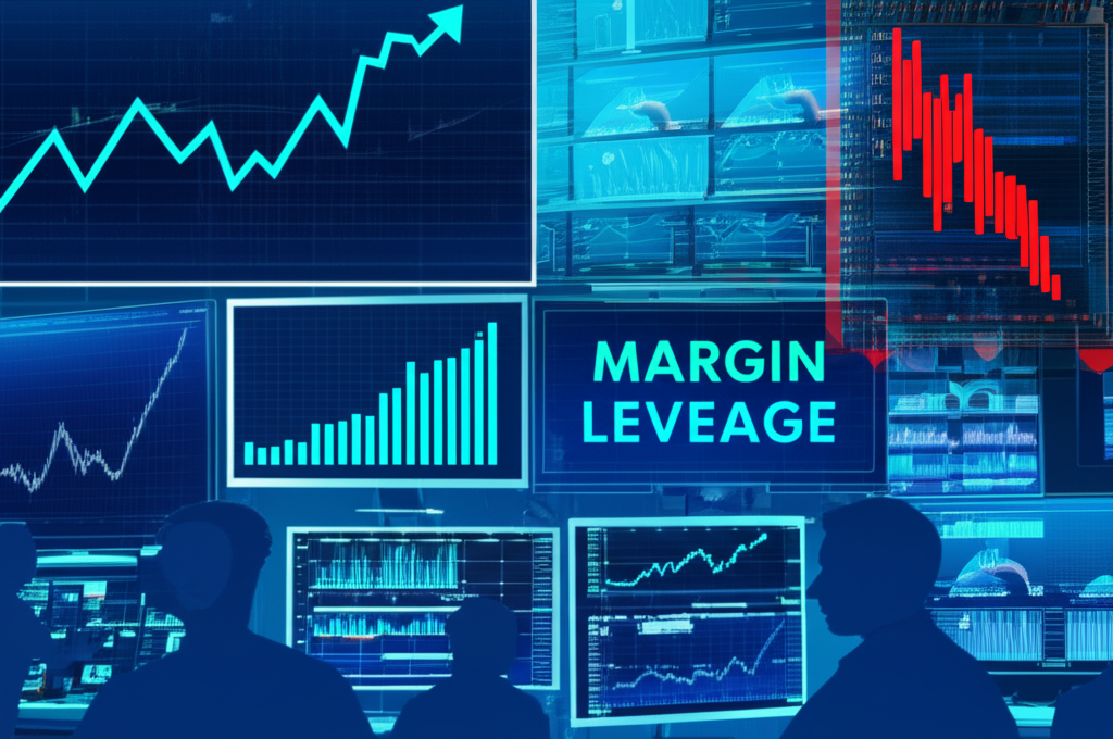 Illustration of a busy trading floor with charts showing upward and downward trends and margin leverage