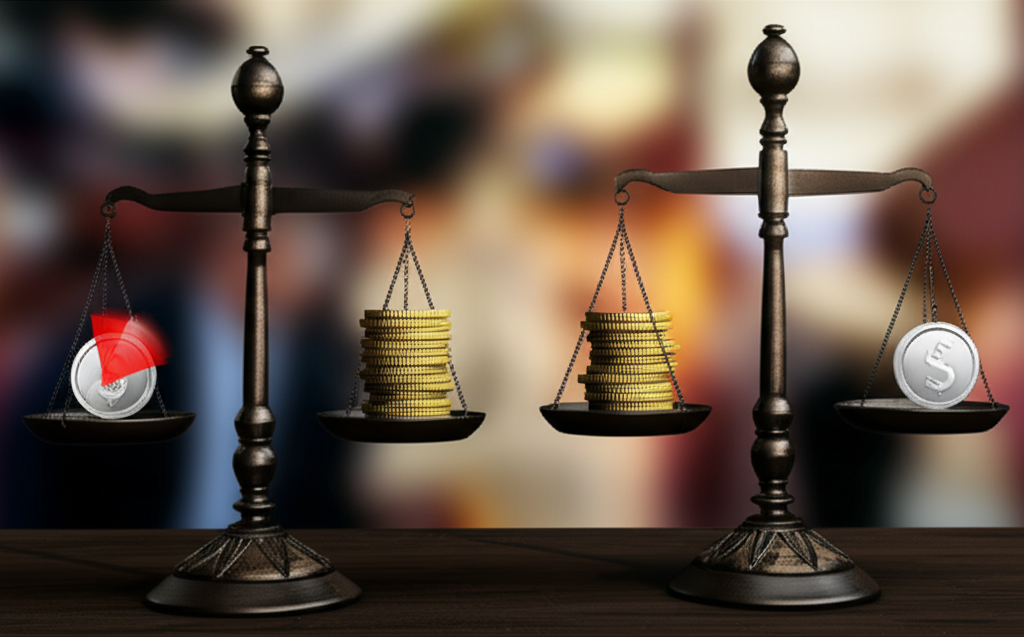 Illustration of market inefficiency with two scales showing unequal prices for an asset, a quick transaction occurs