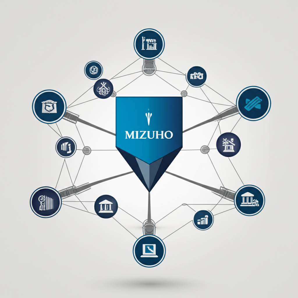 A strong and stable global financial group Mizuho with a worldwide network and high credit ratings providing diverse financial services illustration