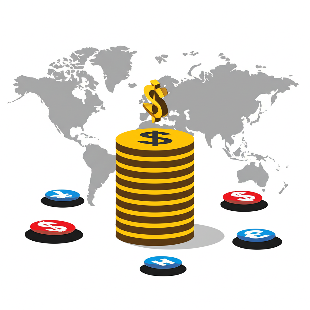 Illustration of a strong US dollar coin towering over other currencies on a world map representing global dominance