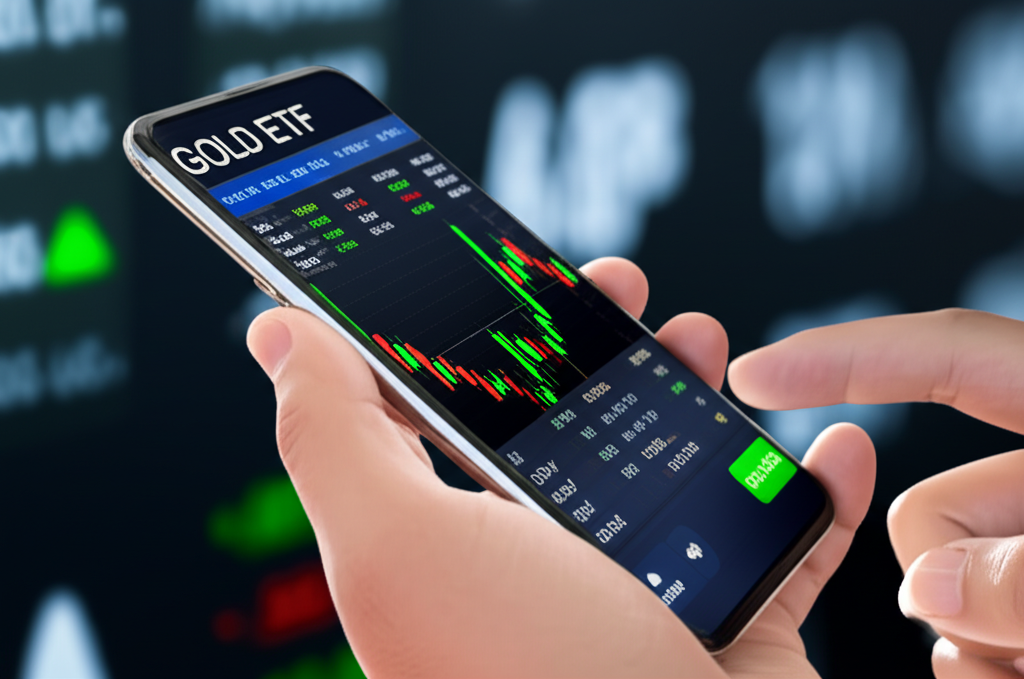 Illustration of a hand easily trading gold etf on a smartphone screen with stock market background