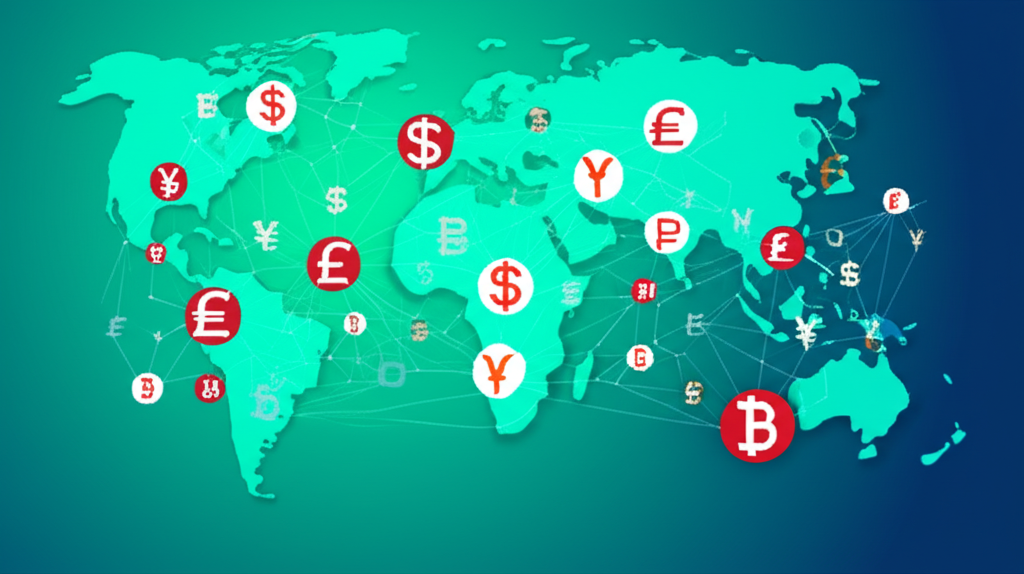 ภาพประกอบตลาดการเงินโลกที่เชื่อมโยงสัญลักษณ์เงินตราแทนการเทรด Forex