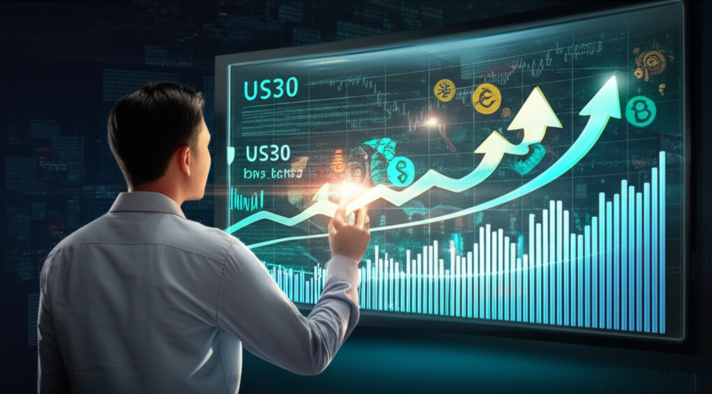 Thai investor analyzing US30 Dow Jones stock market with growth symbols