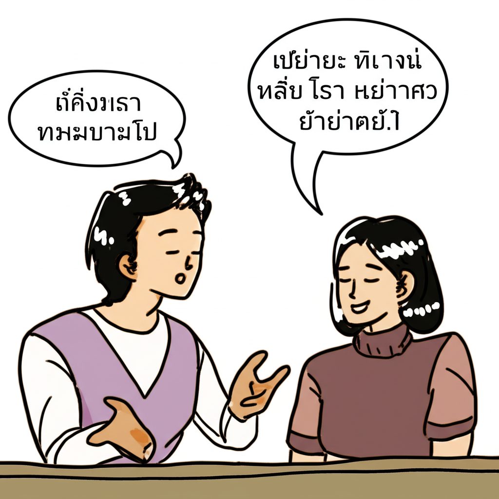 ภาพประกอบสองเพื่อนสนิทคุยกันแบบสบาย ๆ โดยใช้สรรพนามไทยไม่เป็นทางการในบรรยากาศเป็นมิตร