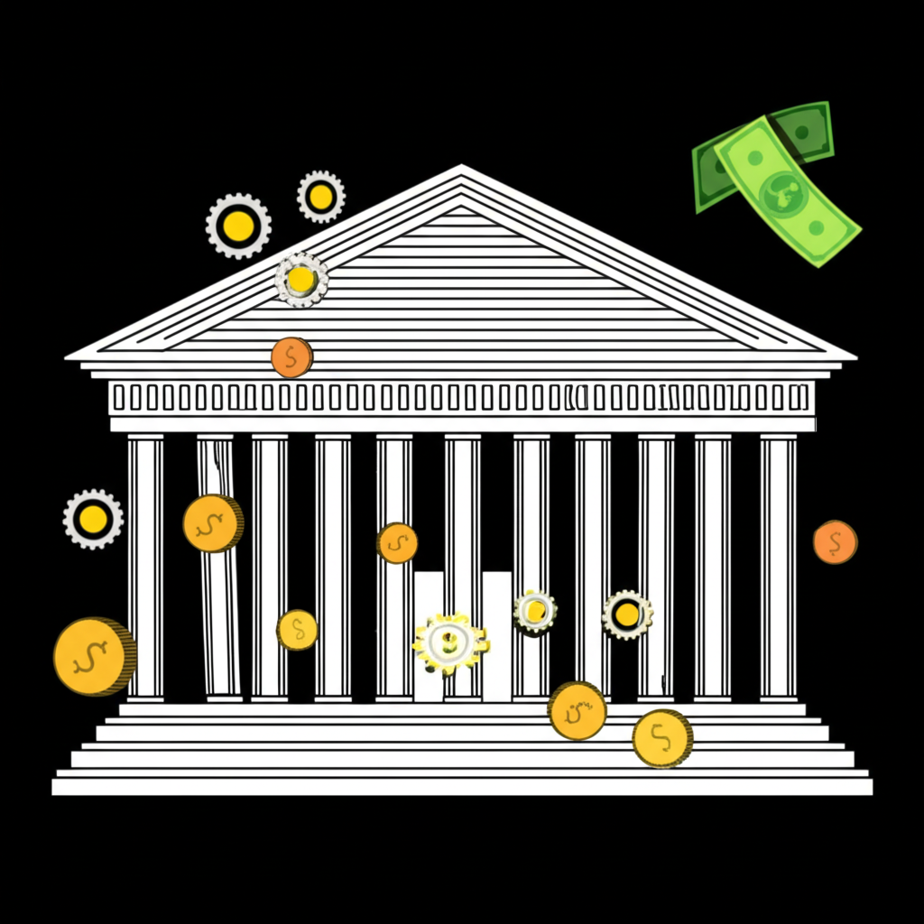 illustration of a central bank building with gears and money flowing representing monetary policy and economic stability