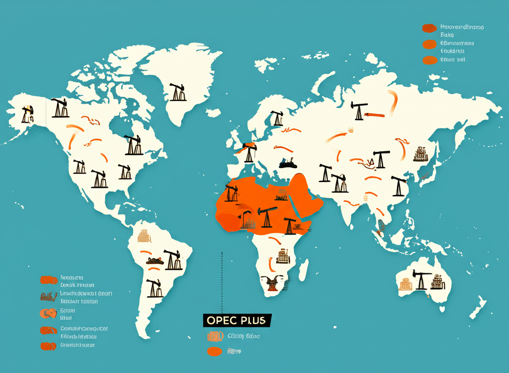 World map with oil wells showing supply demand OPEC plus influence geopolitical conflicts