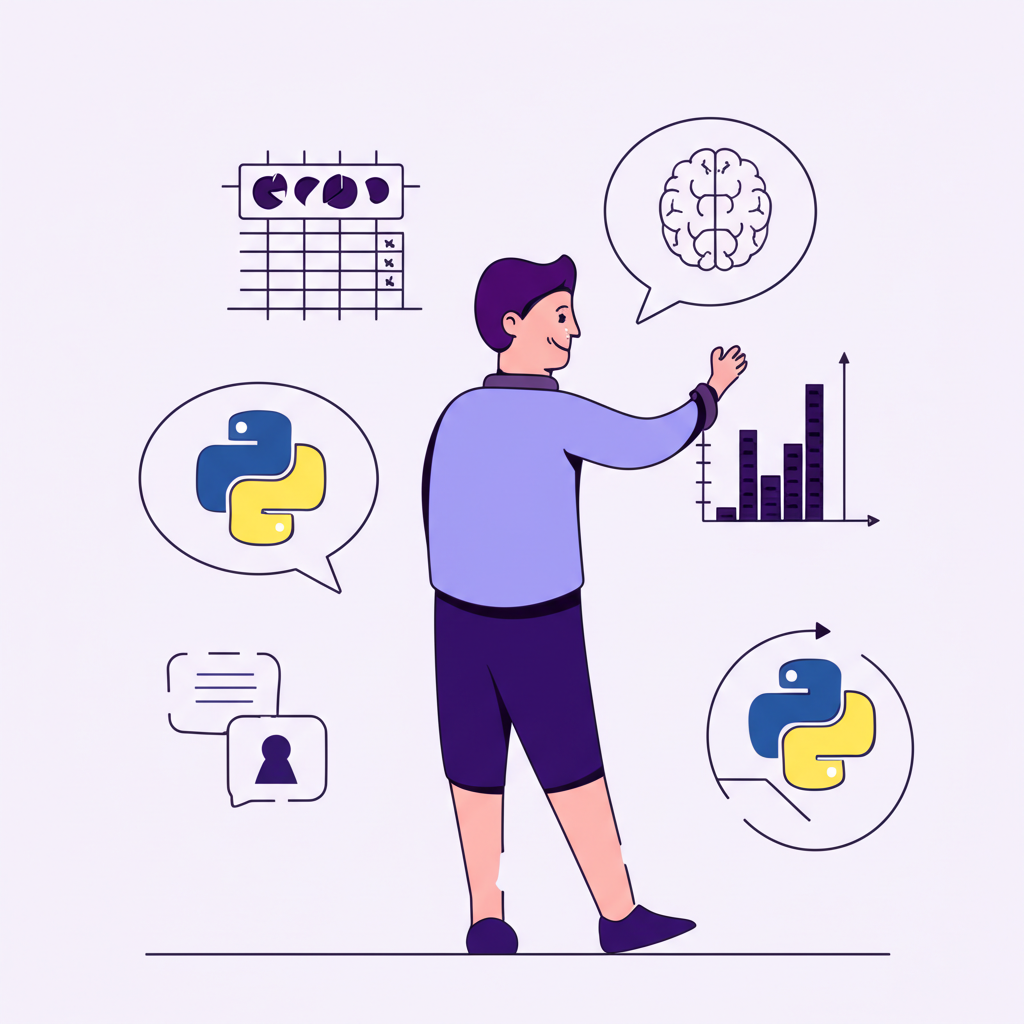 Person with financial skills icons including Excel, Python, data analysis, critical thinking, and communication