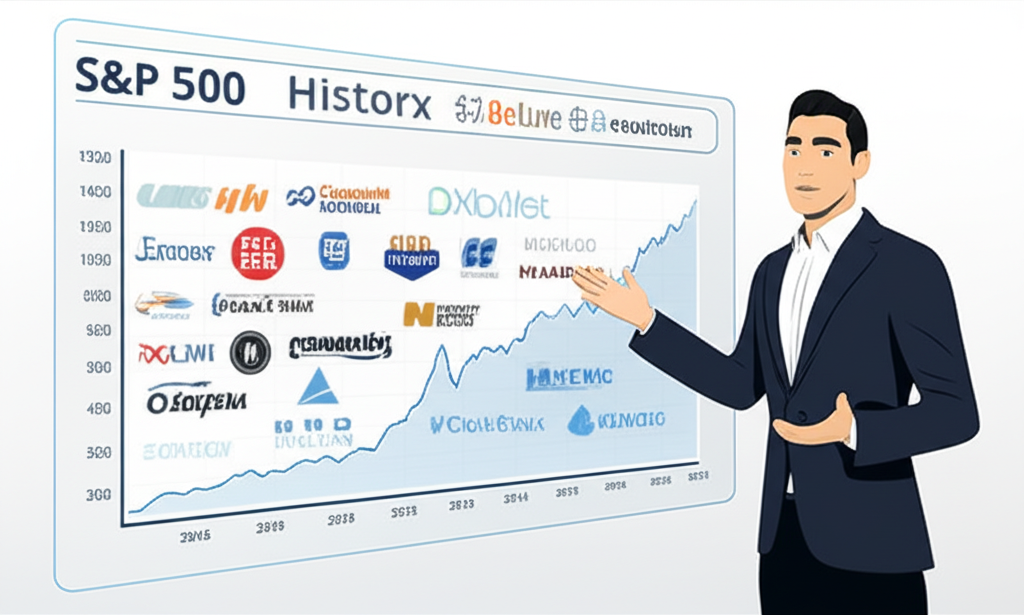 ภาพประกอบนักวิเคราะห์การเงินอธิบายประวัติ S&P 500 และองค์ประกอบบริษัท 500 แห่ง